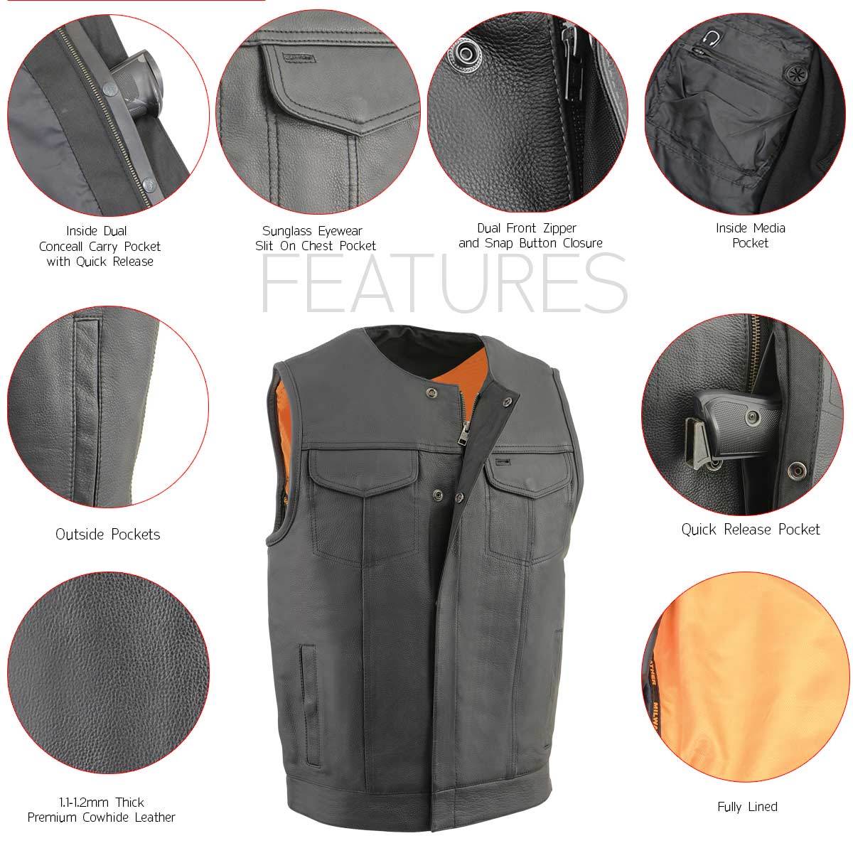 Milwaukee Leather MLM3515 Men's Black “Cool-Tec” Naked Leather Vest - Club Style Collarless Motorcycle Rider Vest