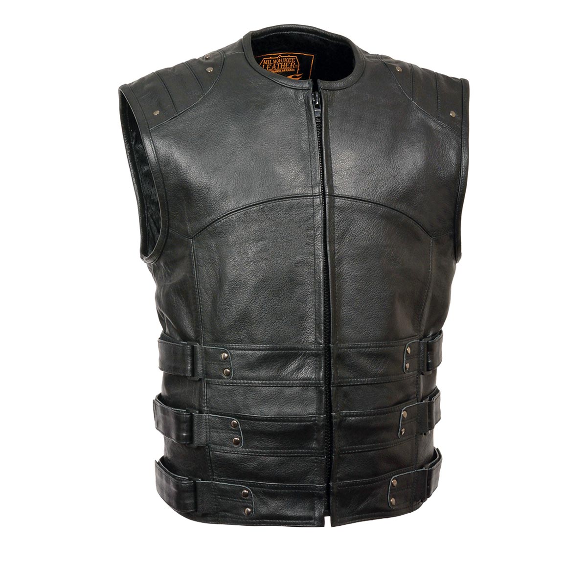 Milwaukee Leather MLM3530 Men's Black Swat Tactical Style Leather Vest Club Patch Accessible Single Panel Back Vest