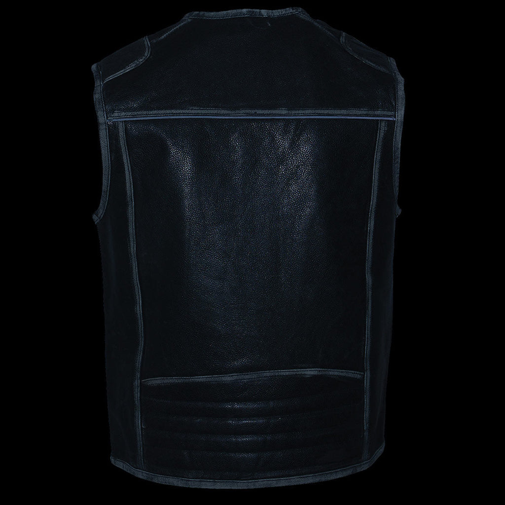 Milwaukee Leather MLM3536 Men's Distressed Grey Leather Collarless Motorcycle Rider Vest