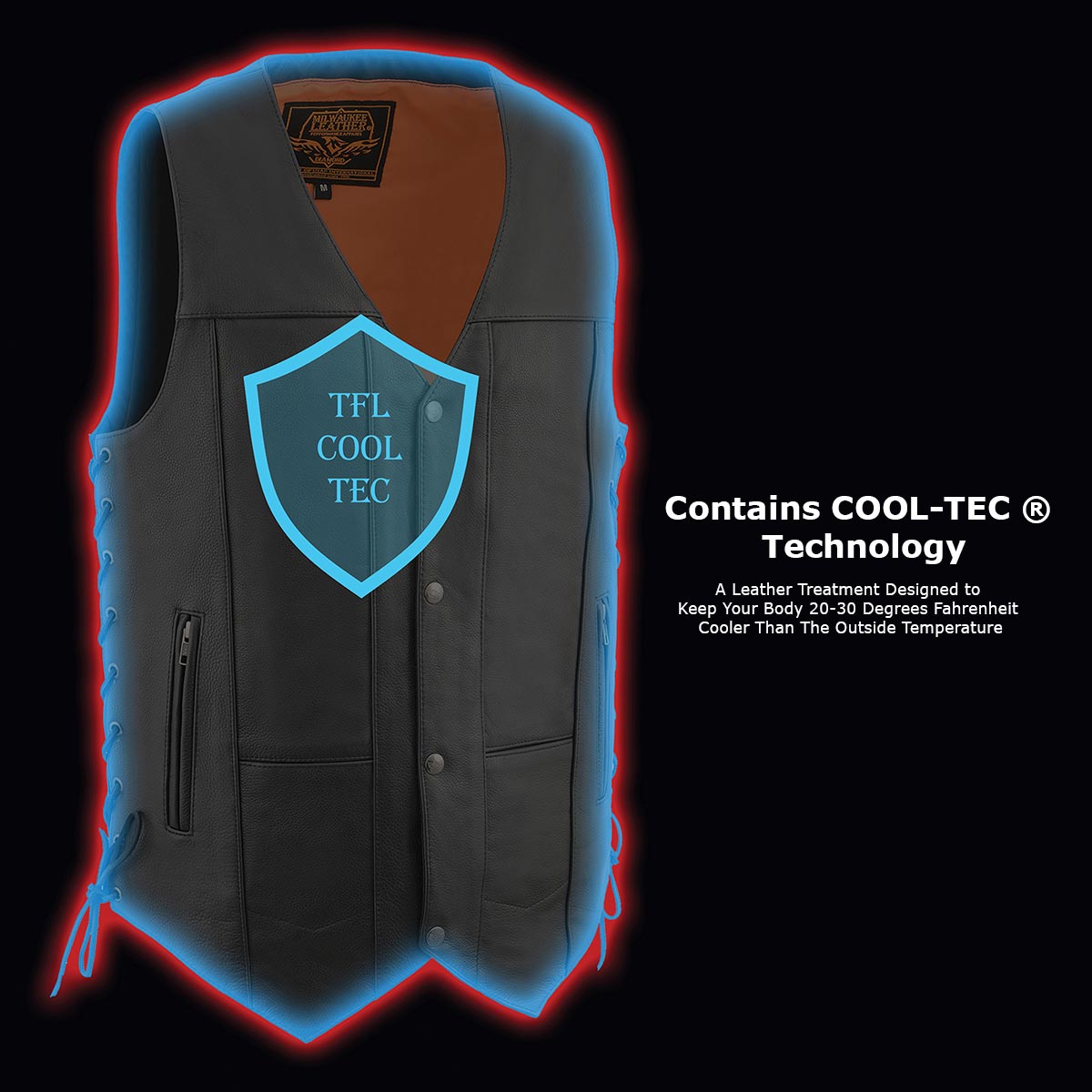 Milwaukee Leather MLM3541 Men's ’10-Pocket’ Black Leather Vest with Cool-Tec Technology