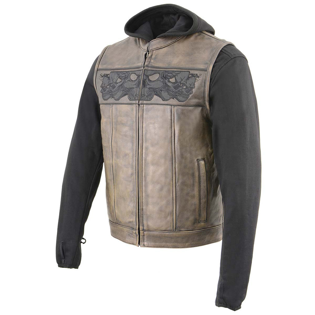 Milwaukee Leather MLM3561 Men's '2 in 1' Distressed Brown Leather Vest with Reflective Skulls