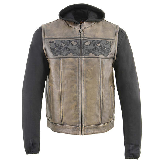Milwaukee Leather MLM3561 Men's '2 in 1' Distressed Brown Leather Vest with Reflective Skulls