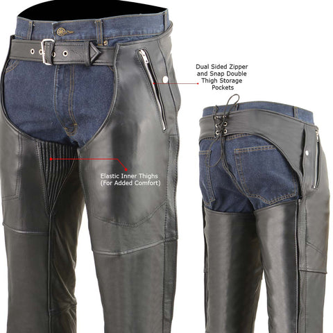Milwaukee Leather Chaps for Men's Black Cool-Tec Naked Leather - Snap Out Thermal Lined Motorcycle Chap - MLM5505