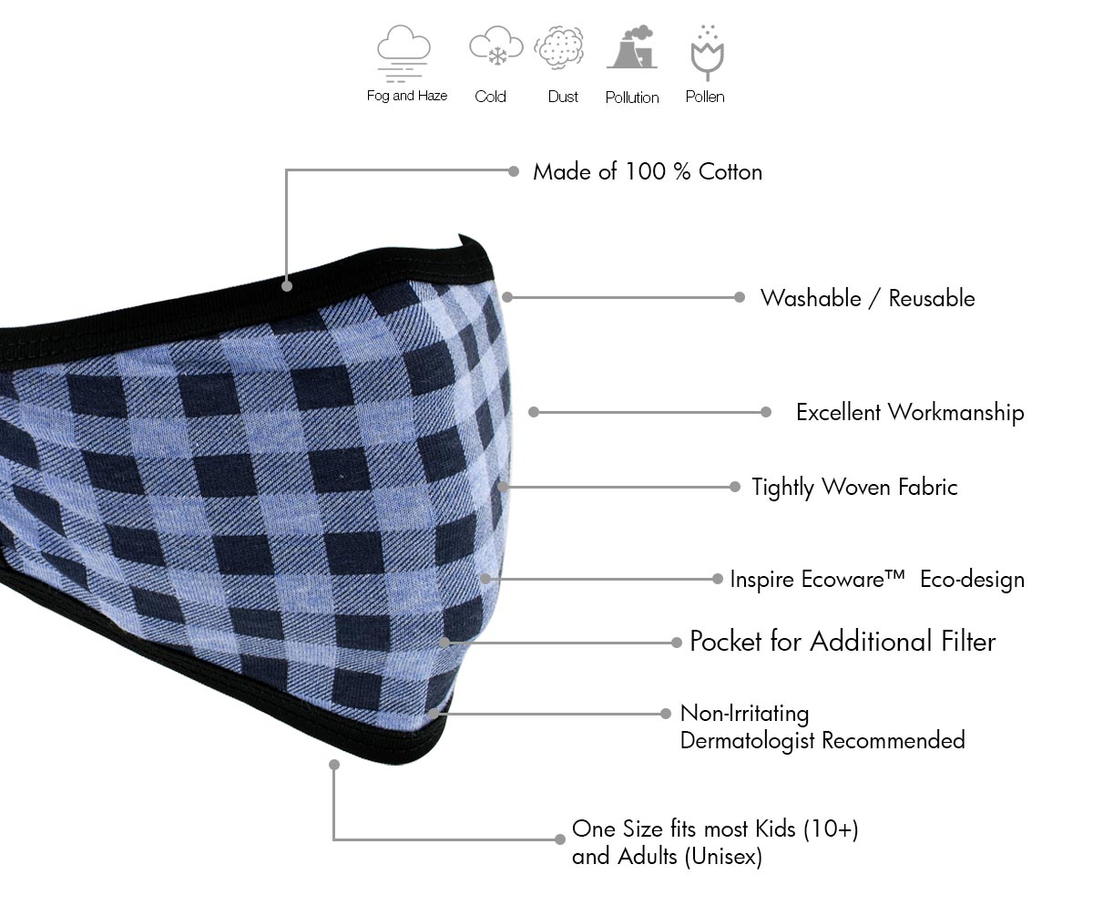 Milwaukee MP7924FM 'Blue Checkered' 100 % Cotton Protective Face Mask with Optional Filter Pocket