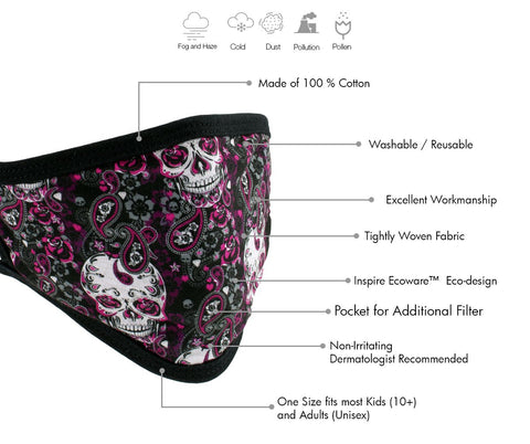 Milwaukee FMD1011 Ladies 'Sugar Skull' 100 % Cotton Protective Face Mask with Optional Filter Pocket