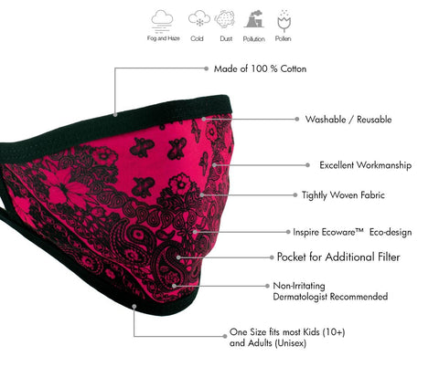 Milwaukee FMD1012 Ladies 'Paisley Pink' 100 % Cotton Protective Face Mask with Optional Filter Pocket