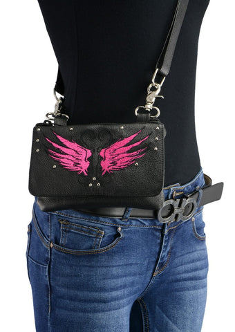 Milwaukee Leather MP8850 Ladies 'Winged' Leather Black and Pink Multi Pocket Belt Bag with Gun Holster