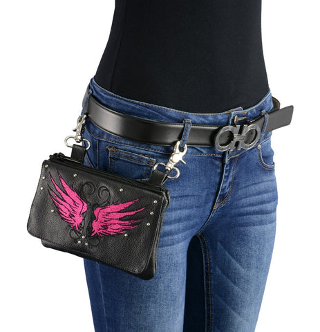Milwaukee Leather MP8850 Ladies 'Winged' Leather Black and Pink Multi Pocket Belt Bag with Gun Holster