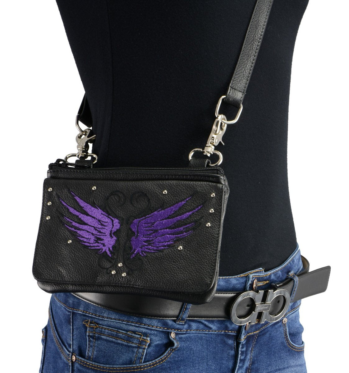 Milwaukee Leather MP8850 Ladies Leather 'Winged' Black and Purple Multi Pocket Belt Bag with Gun Holster