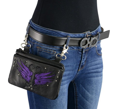 Milwaukee Leather MP8850 Ladies Leather 'Winged' Black and Purple Multi Pocket Belt Bag with Gun Holster