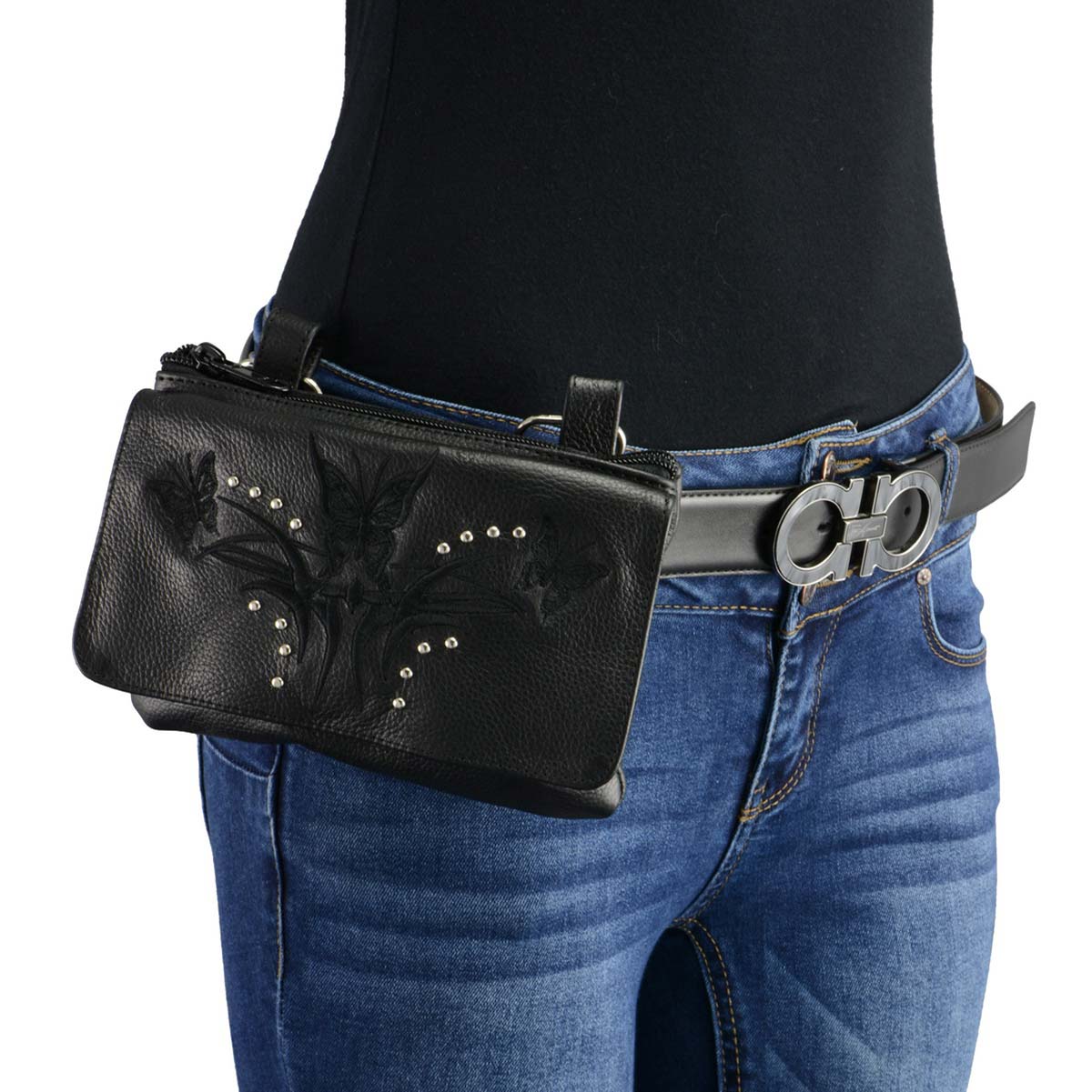Milwaukee Leather MP8851 Women's Black Leather Multi Pocket Belt Bag