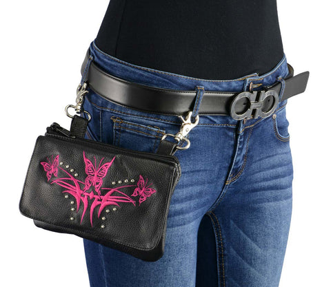 Milwaukee Leather MP8851 Women's Black and Pink Leather Multi Pocket Belt Bag with Gun Holster