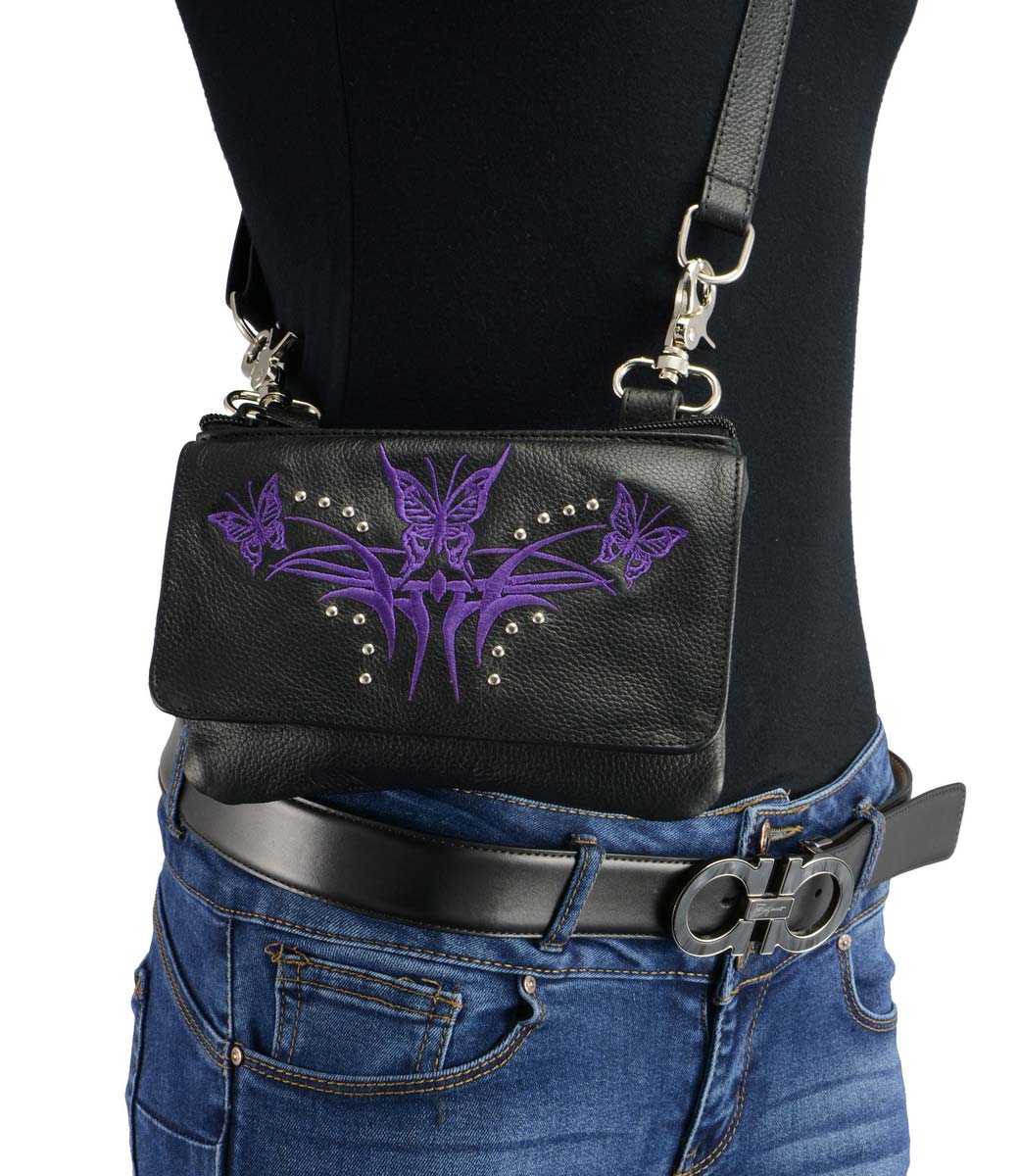 Milwaukee Leather MP8851 Women's Black and Purple Leather Multi Pocket Belt Bag with Gun Holster