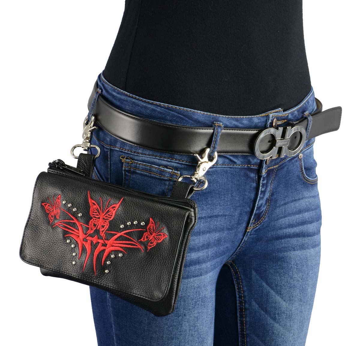 Milwaukee Leather MP8851 Women's Black and Red Leather Multi Pocket Belt Bag with Gun Holster