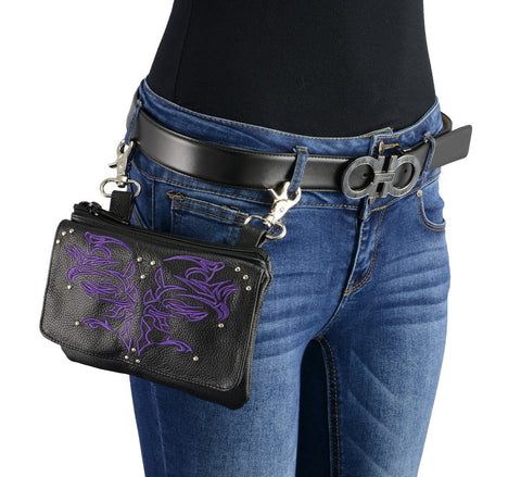 Milwaukee Leather MP8852 Women's Black and Purple Leather Multi Pocket Belt Bag with Gun Holster