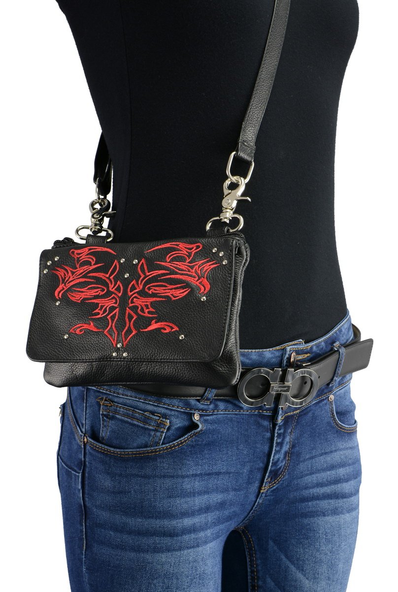Milwaukee Leather MP8852 Women's Black and Red Leather Multi Pocket Belt Bag with Gun Holster