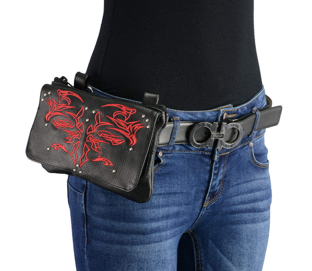 Milwaukee Leather MP8852 Women's Black and Red Leather Multi Pocket Belt Bag