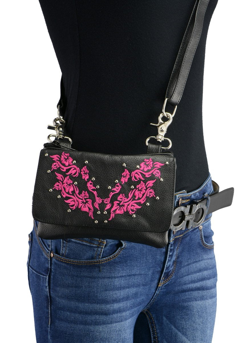 Milwaukee Leather MP8853 Women's 'Flower' Black and Pink Leather Multi Pocket Belt Bag with Gun Holster