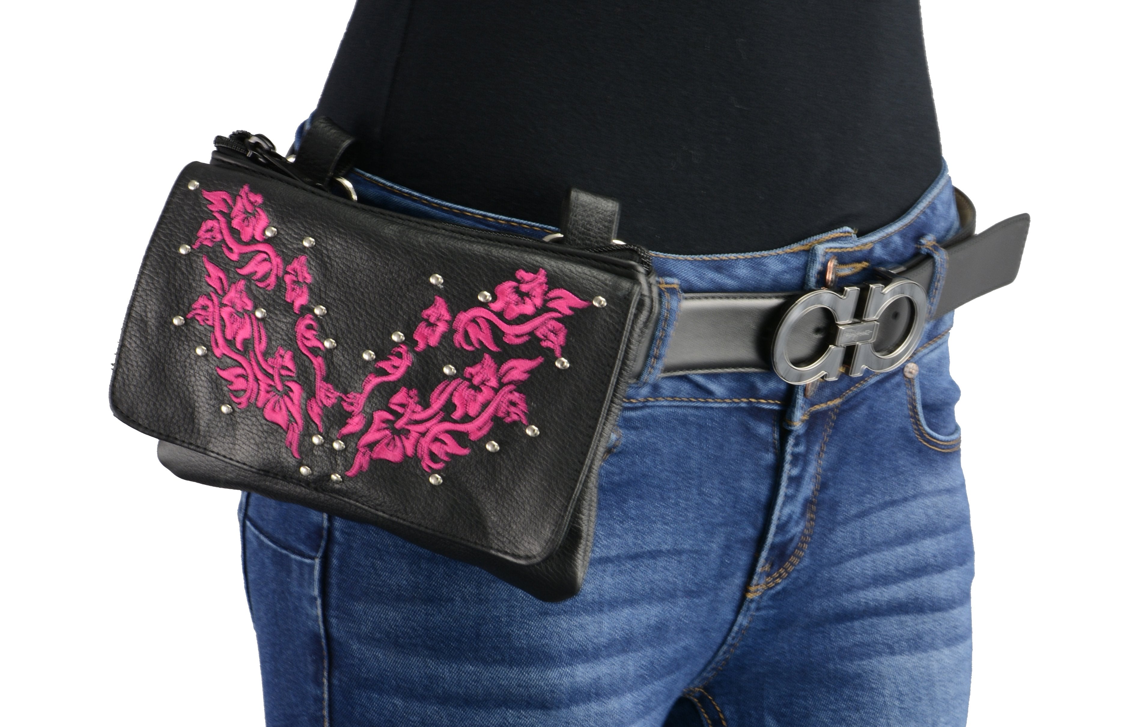 Milwaukee Leather MP8853 Women's 'Flower' Black and Pink Leather Multi Pocket Belt Bag