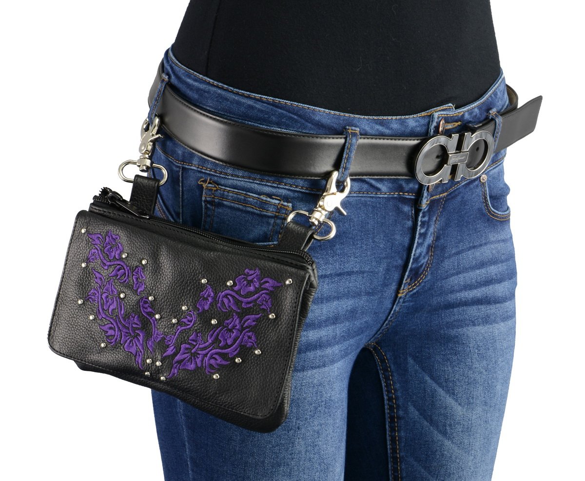 Milwaukee Leather MP8853 Women's 'Flower' Black and Purple Leather Multi Pocket Belt Bag with Gun Holster