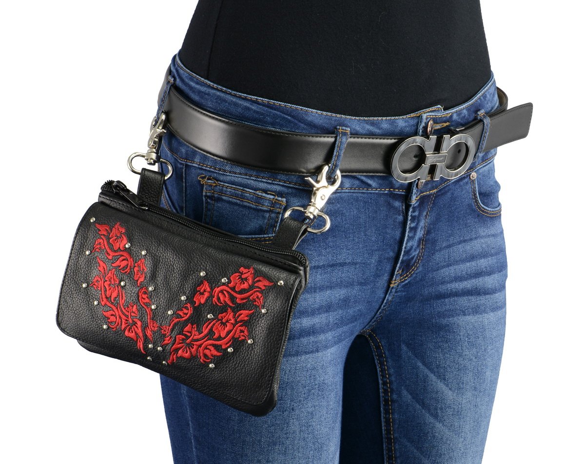 Milwaukee Leather MP8853 Women's 'Flower' Black and Red Leather Multi Pocket Belt Bag with Gun Holster