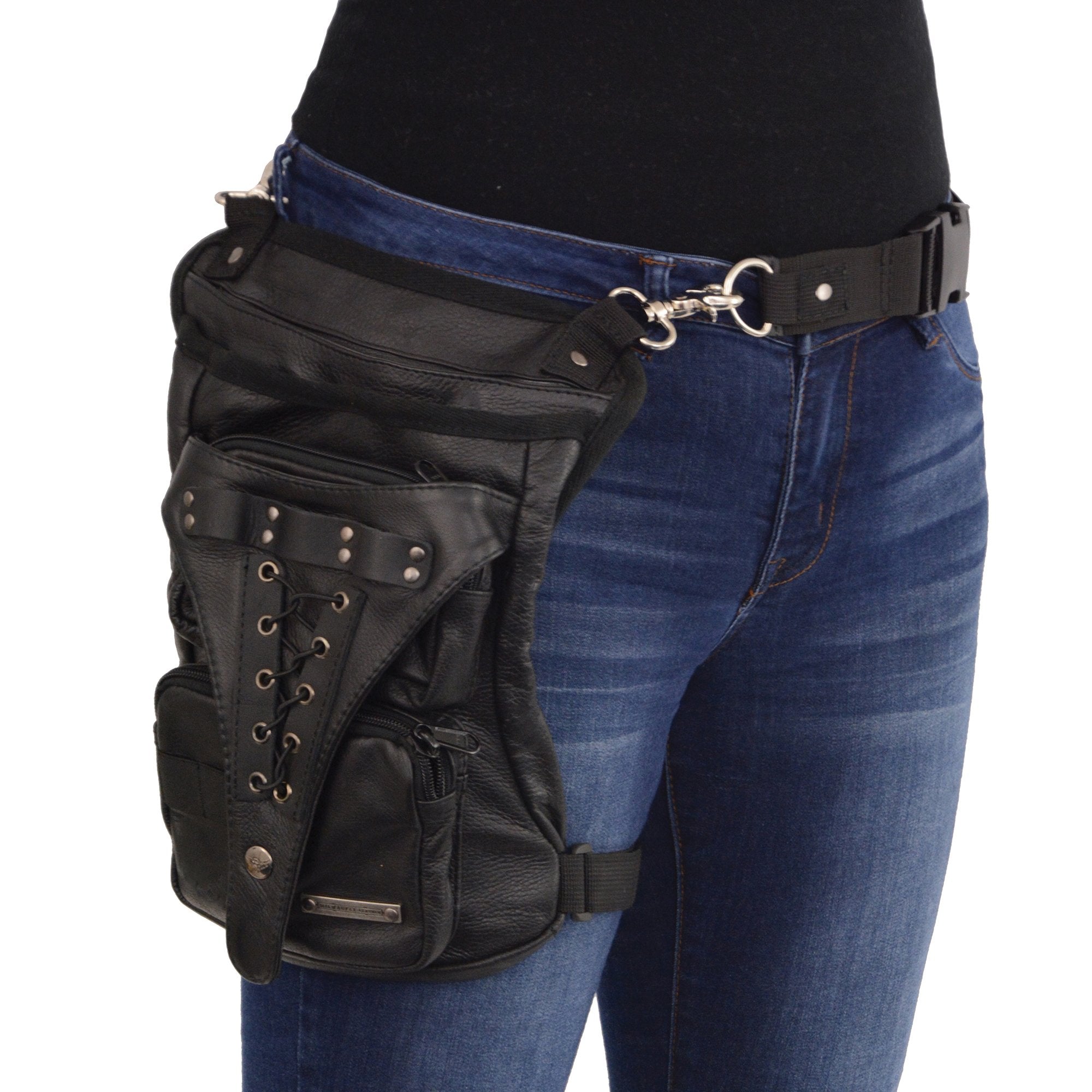 Milwaukee Leather Performance Accessories MP8885 Black Conceal & Carry Black Leather Thigh Bag with Waist Belt