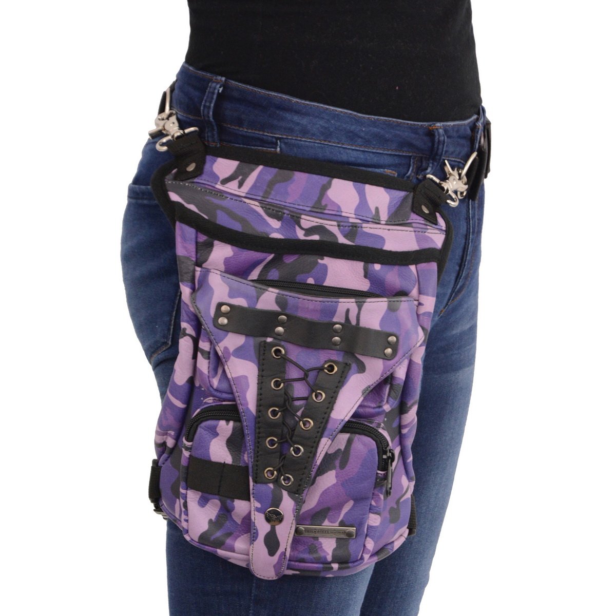 Milwaukee Leather MP8886 Purple Leather Camouflage Conceal and Carry Black Thigh Bag
