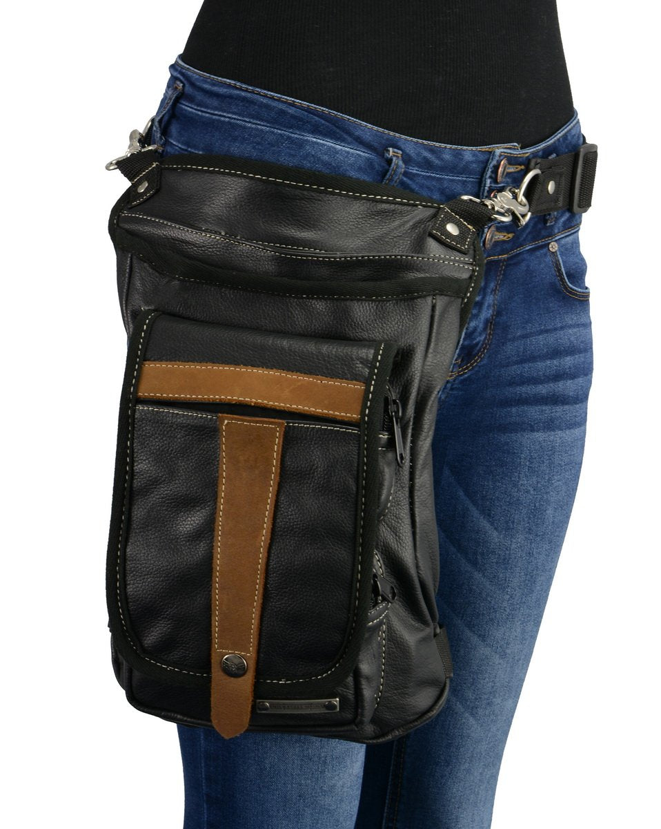 Milwaukee Leather MP8897 Black and Tan Conceal and Carry Leather Thigh Bag with Waist Belt
