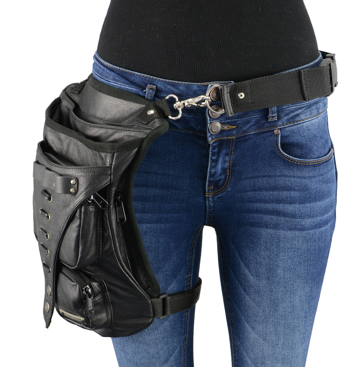 Milwaukee Leather MP8898 Black Leather Conceal and Carry Thigh Bag with Waist Belt
