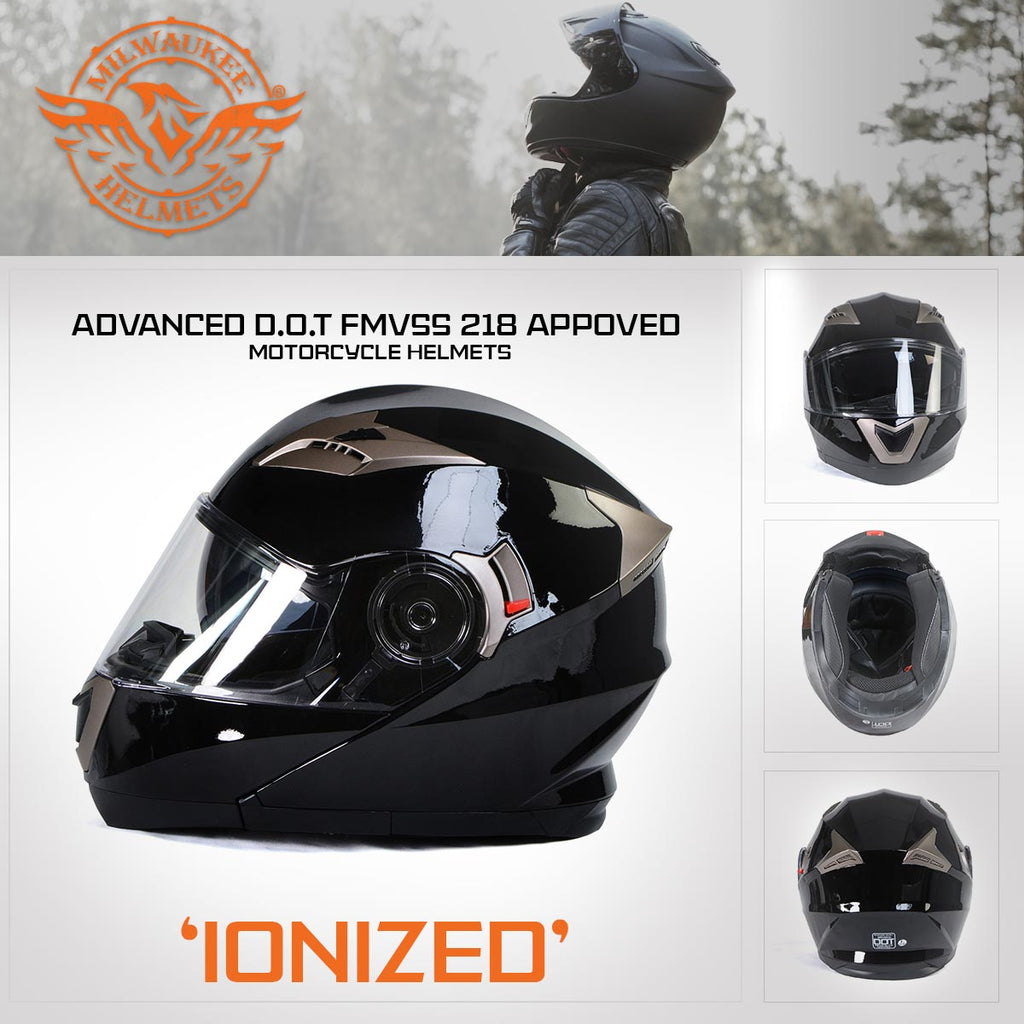 Milwaukee Helmets MPH9806DOT Ionized Gloss Black Advanced Motorcycle Modular Helmet Biker w/ Drop Down Visor