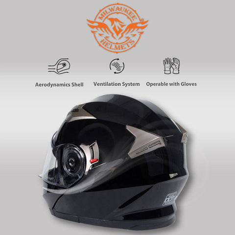 Milwaukee Helmets MPH9806DOT Ionized Gloss Black Advanced Motorcycle Modular Helmet Biker w/ Drop Down Visor
