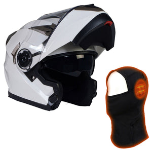 Milwaukee Helmets MPH9807DOT 'Ionized' Gloss White Modular Helmet for Men and Women Biker w/ MP7922FMSET Heated Balaclava Bundle