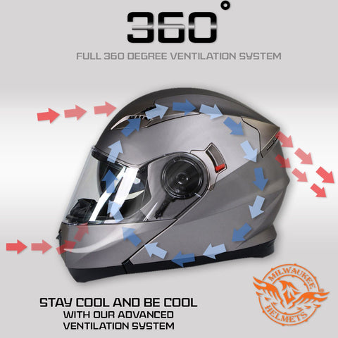 Milwaukee Helmets MPH9808DOT Ionized Silver Advanced Motorcycle Modular Helmet Biker w/ Drop Down Visor