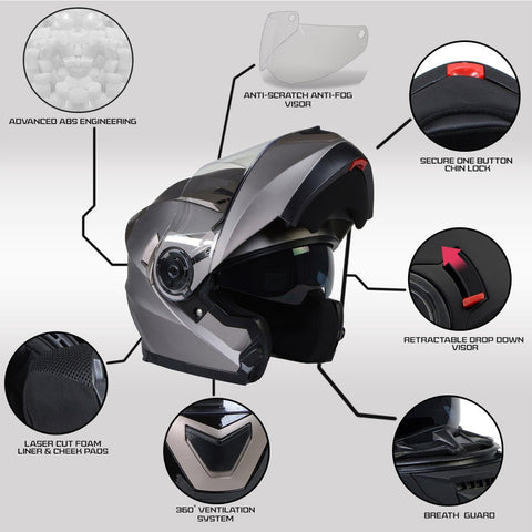 Milwaukee Helmets MPH9808DOT Ionized Silver Advanced Motorcycle Modular Helmet Biker w/ Drop Down Visor