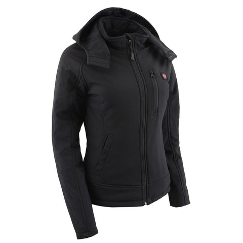 Milwaukee Leather MPL2767SET Women's Black 'Heated' Soft Shell Hooded Jacket (Battery Pack Included)