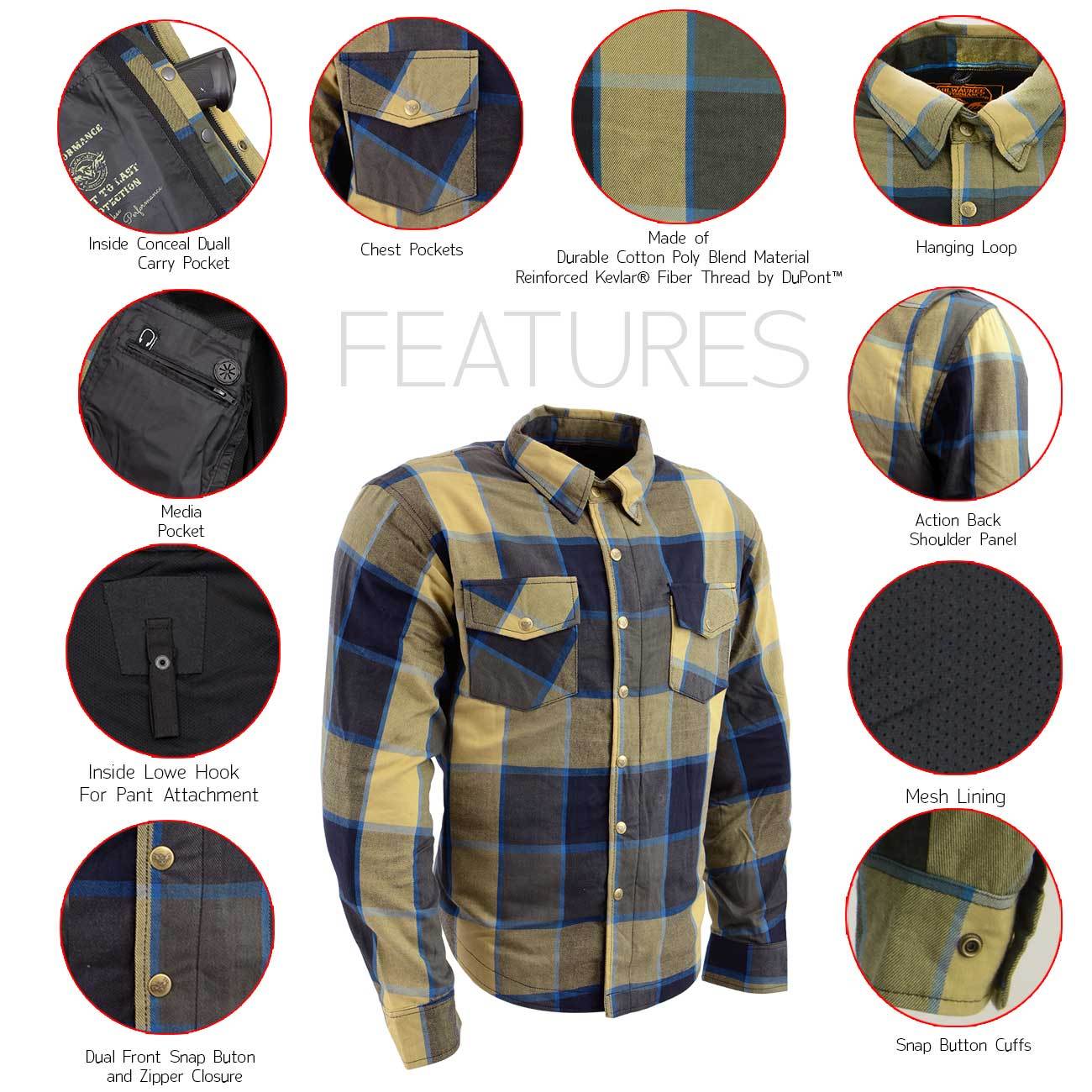 Milwaukee Performance MPM1639 Men's Beige, Black and Blue Armored Long Sleeve Flannel Shirt with Kevlar