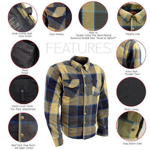 Milwaukee Performance MPM1639 Men's Beige, Black and Blue Armored Long Sleeve Flannel Shirt with Kevlar