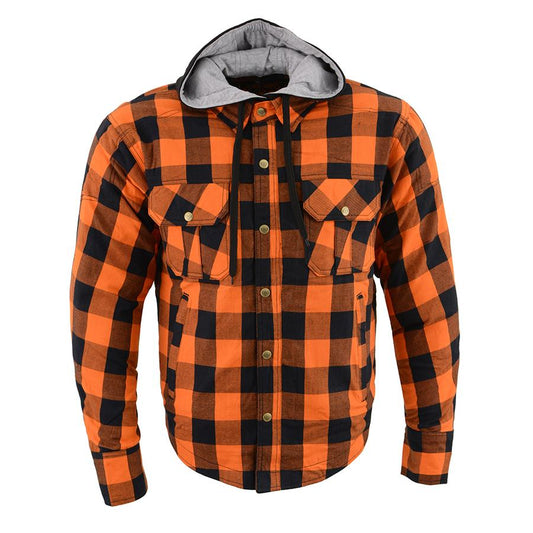 Milwaukee Leather MPM1642 Men's Orange and Black Armored Long Sleeve Hooded Flannel Shirt with Kevlar