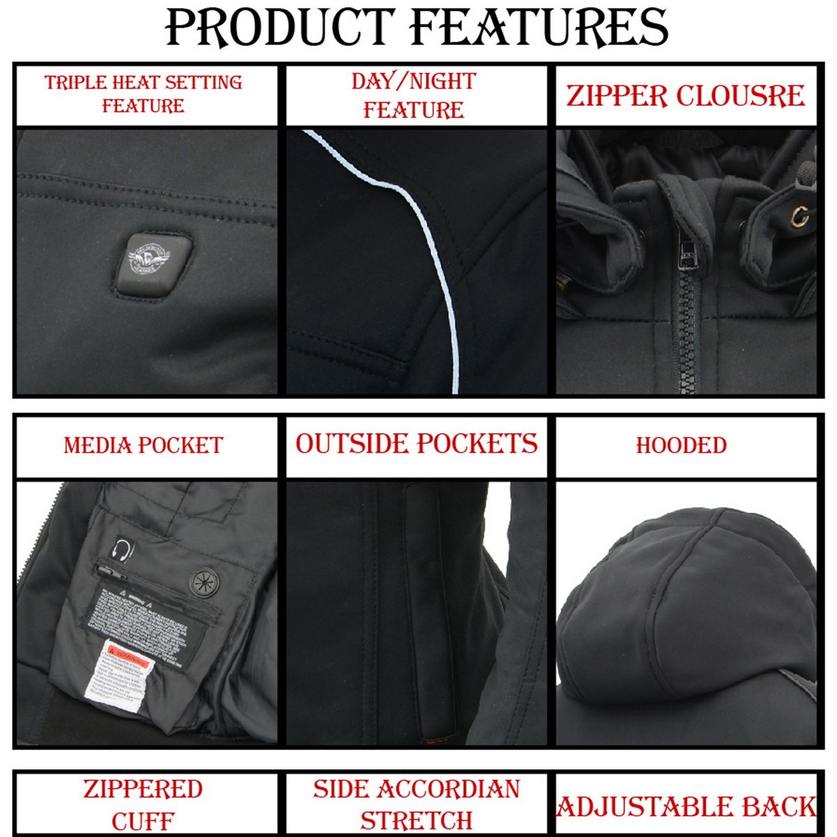 Milwaukee Leather MPM1761SET Men's Black 'Heated' Soft Shell Racing Style Jacket with Hoodie (Battery Pack Included)