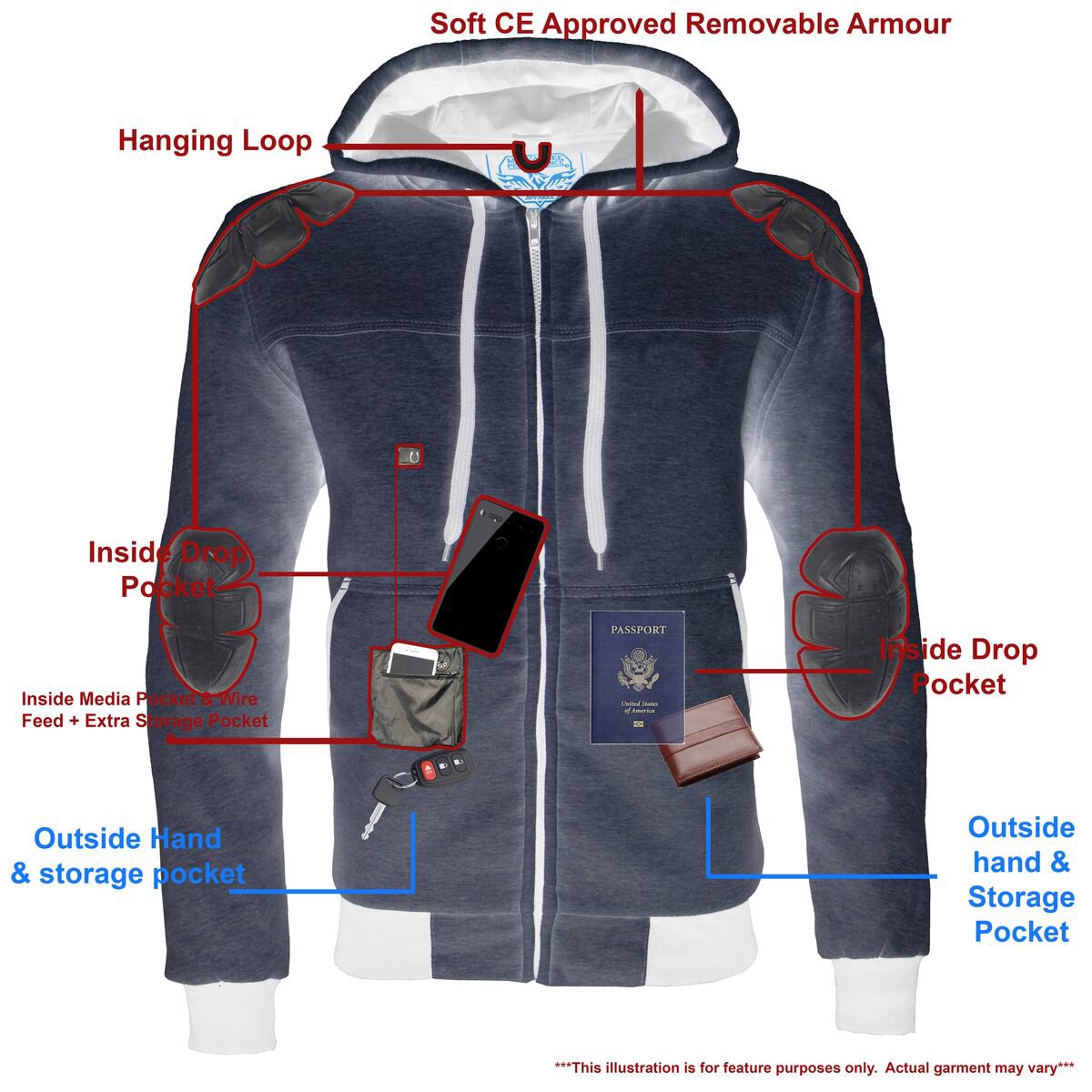 Milwaukee Leather MPM1788 Men's Silver CE Approved Armored Riding Hoodie Sweater w/ Aramid by DuPont Fibers