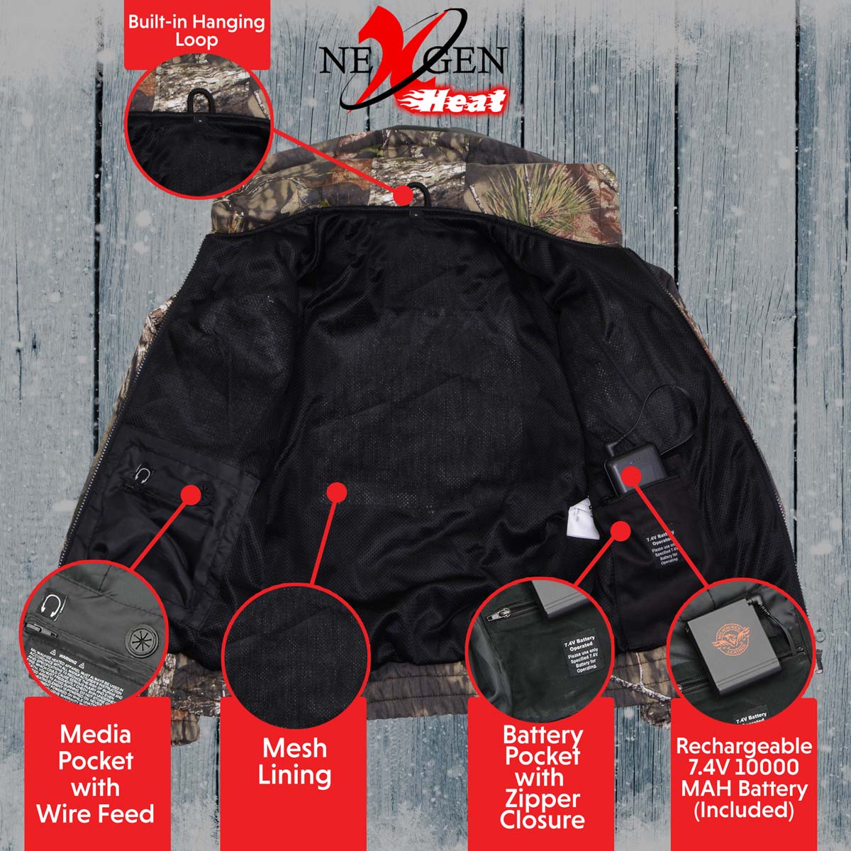 Nexgen Heat NXM1776SET Men's Heated Zipper Camouflaged Hoodie, Warming Camo Hoodie for Hunting w/ Battery