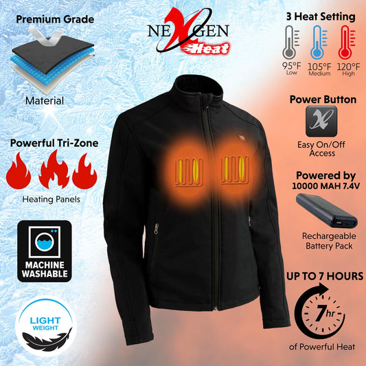 NexGen NXL2760SET Ladies 'Storm' Black Heated Soft-Shell Jacket (Rechargeable Battery Pack Included)