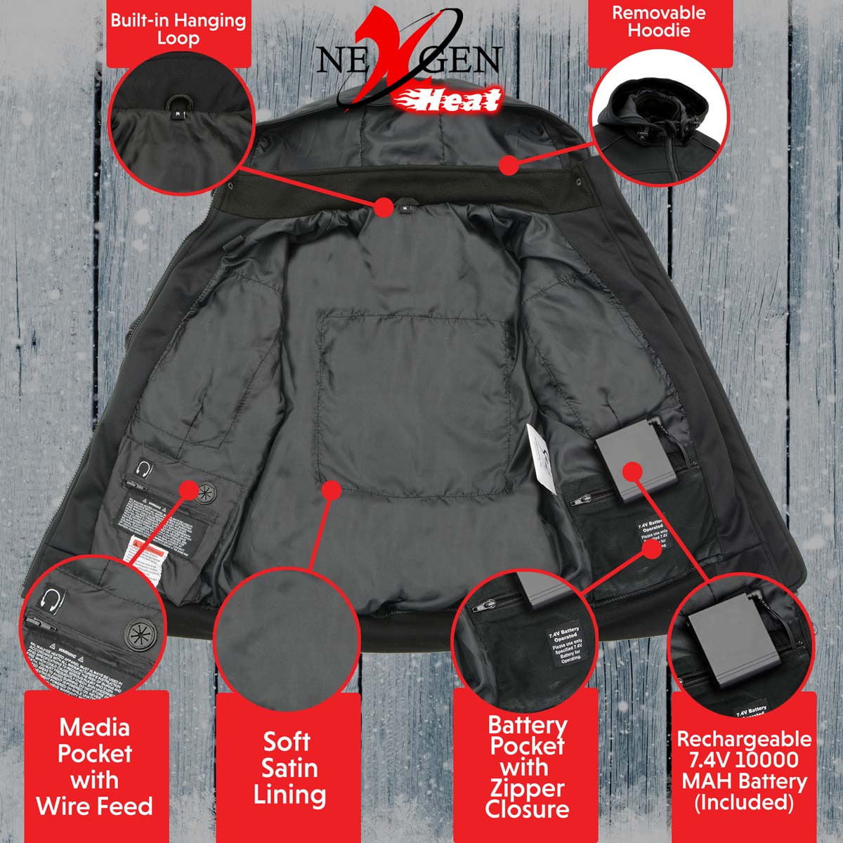 Nexgen Heat MPL2761SET Women's Black 'Heated' Soft Shell Racing Style Heated Jacket for Hiking Riding w/ Battery