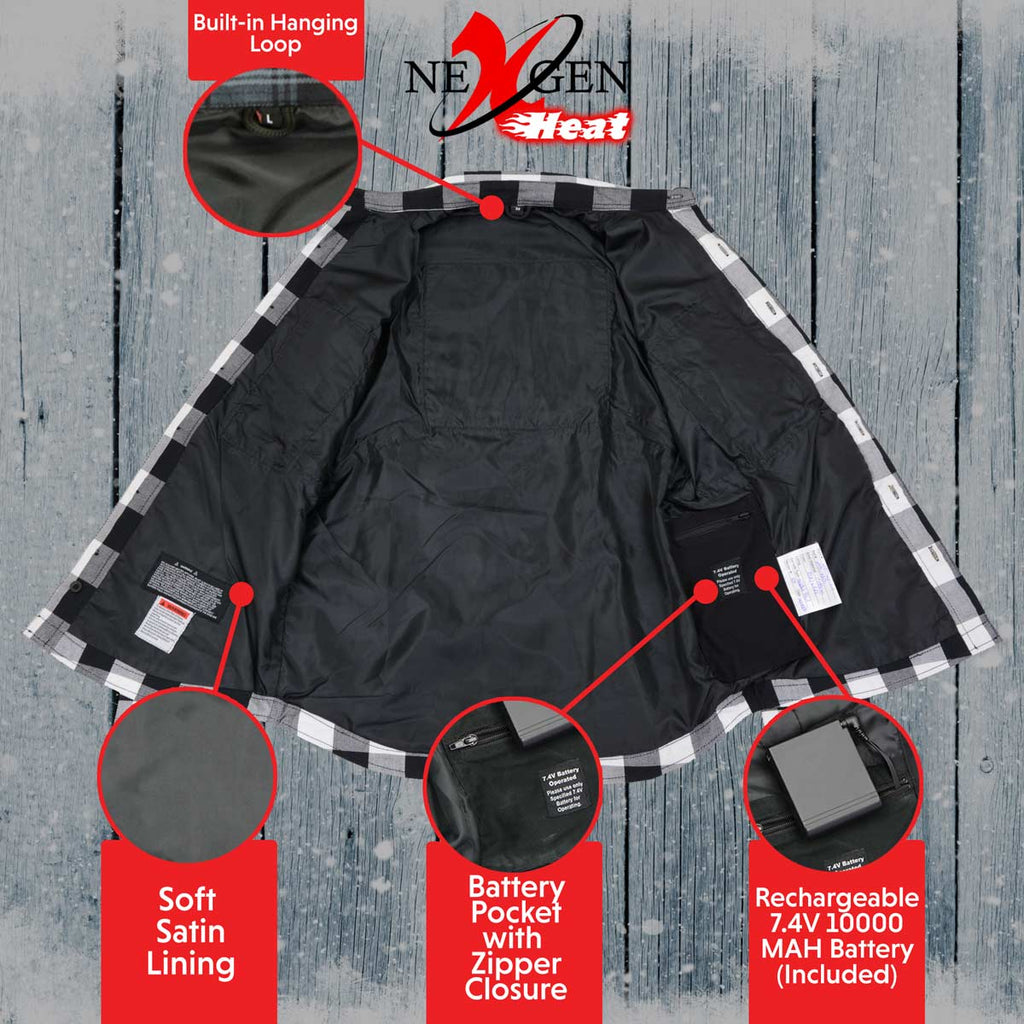 Nexgen Heat Men's Nxm1601set-'Riffraff' Black and White Heated Flannel Long Sleeve Shirt (Rechargeable Battery Pack Included)
