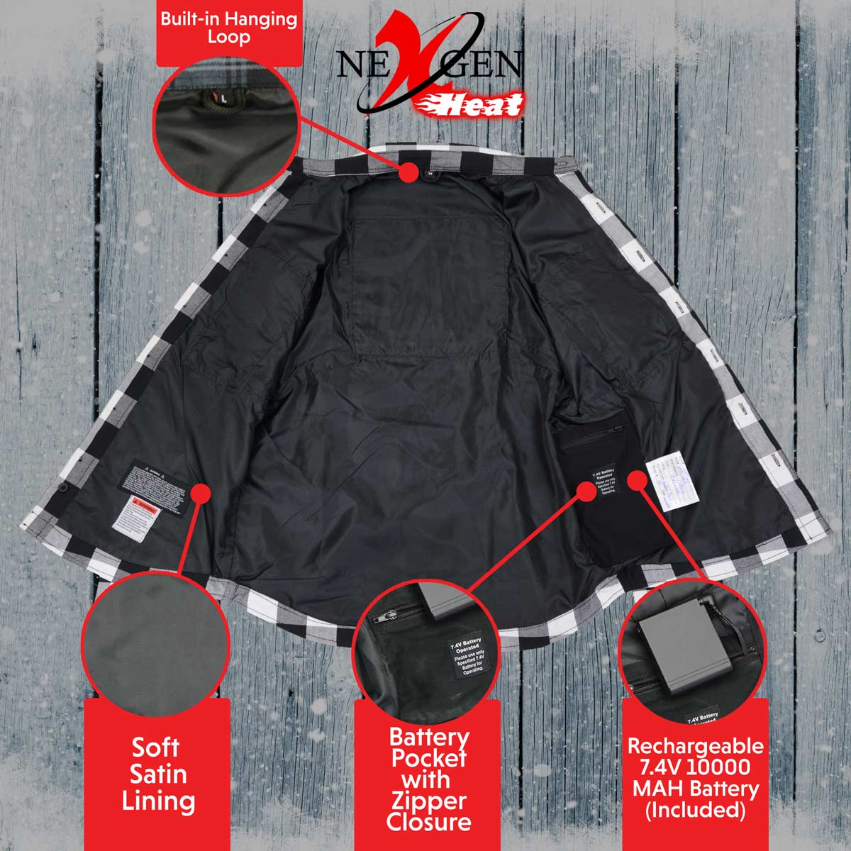 Nexgen Heat Men's Nxm1601set-'Riffraff' Black and White Heated Flannel Long Sleeve Shirt (Rechargeable Battery Pack Included)