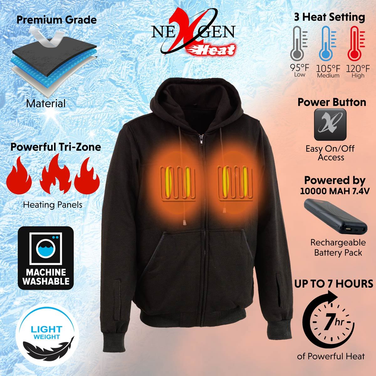 NexGen NXM1717DUAL Men's 'Fiery' Black 'Heated' Hoodie (Rechargeable Battery Pack Included)