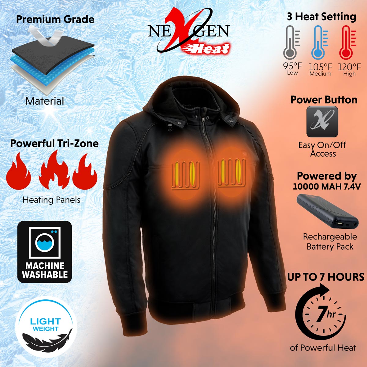 Nexgen Heat Men's Nxm1761set-'Igniter' Black 'Heated' Soft Shell Hooded Jacket (Rechargeable Battery Pack Included)