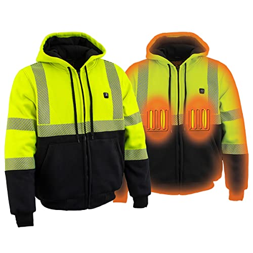 Nexgen Heat MPM1773SET Men's Heated High Visibility Work Hoodie, Neon Green Hi Vis Reflective Hoodie w/ Battery
