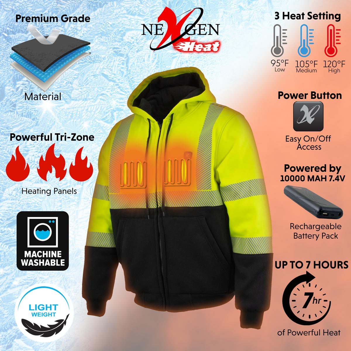 Nexgen Heat NXM1773SET Men's Heated High Visibility Work Hoodie, Neon Green Hi Vis Reflective Hoodie w/ Battery