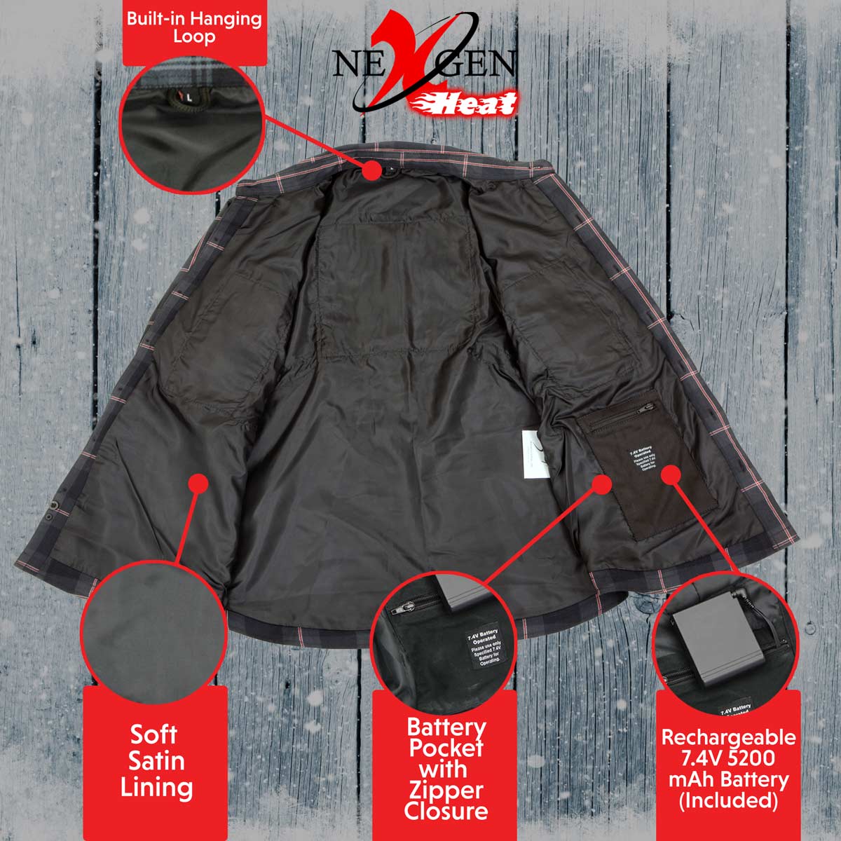 NexGen Heat Women’s NXL2602SET Riffraff Black - Grey Heated Flannel Sleeve Shirt for Outdoor Activities w/Battery